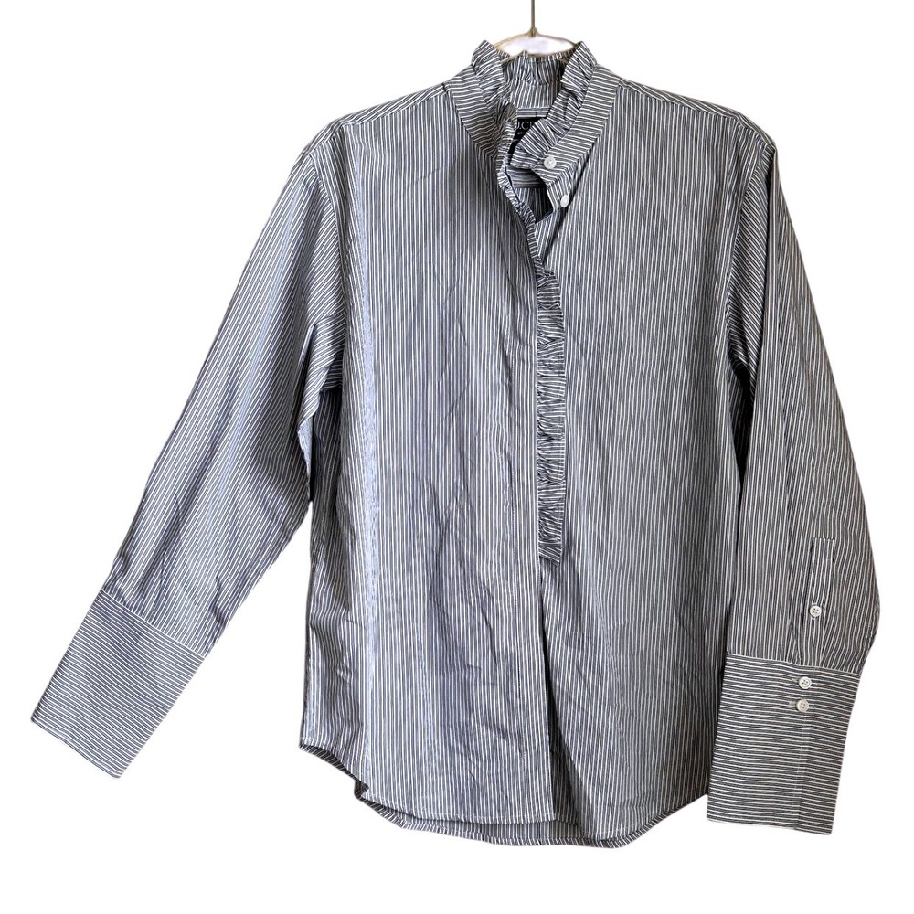 J.Crew Garcon Organic Cotton Ruffle Collar Stripe Shirt Blue White BU625 Size 8